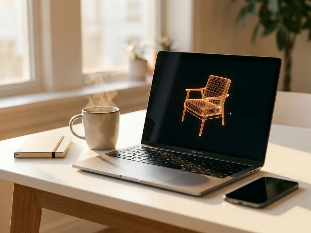 Laptop displaying 3D wireframe chair model on white desk with coffee cup and smartphone in natural sunlight