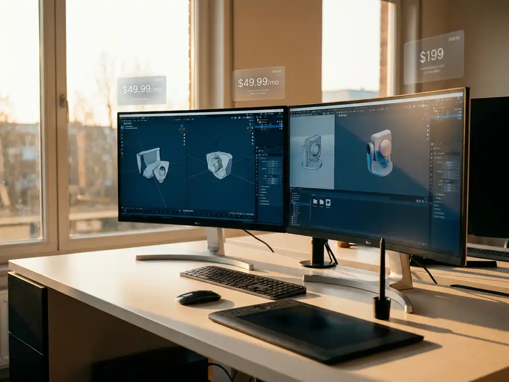 Modern computer workstation with dual monitors showing 3D modeling software interfaces, graphics tablet on white desk, warm golden hour lighting