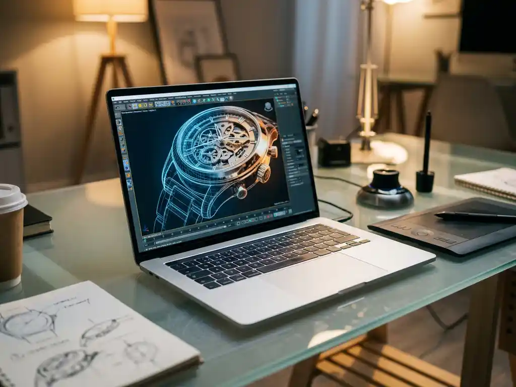 Laptop screen showing wireframe 3D model transforming into photorealistic product render with modeling tools on glass desk
