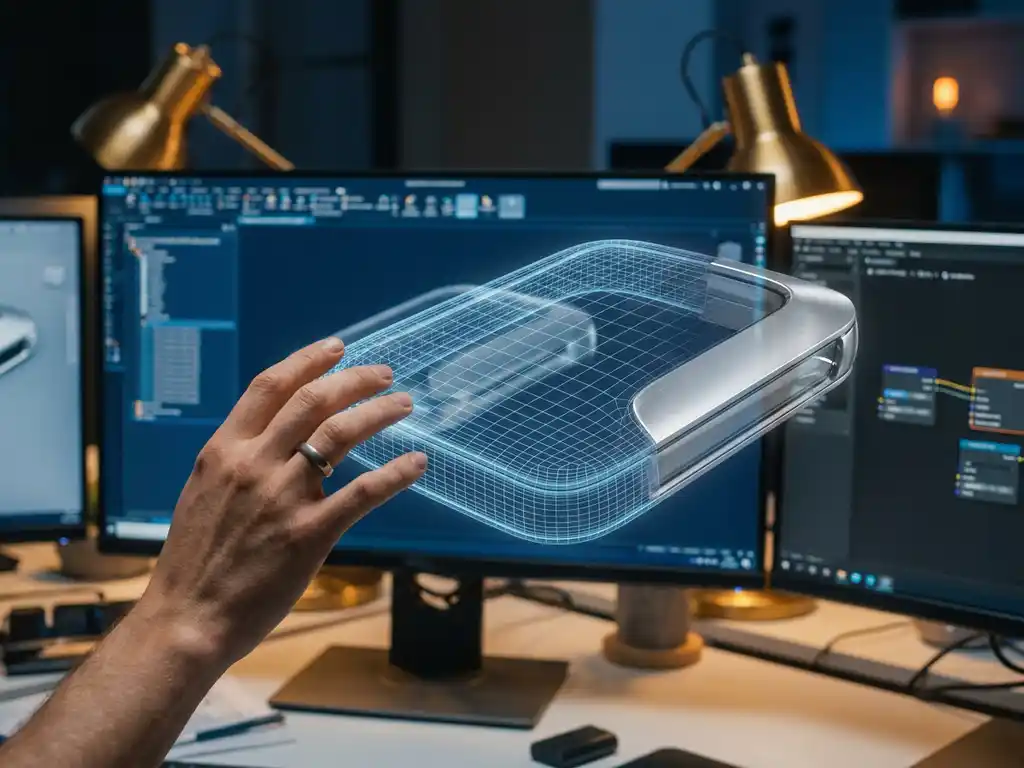 Professional 3D artist's hand manipulating translucent wireframe mesh transforming into photorealistic product render above workstation