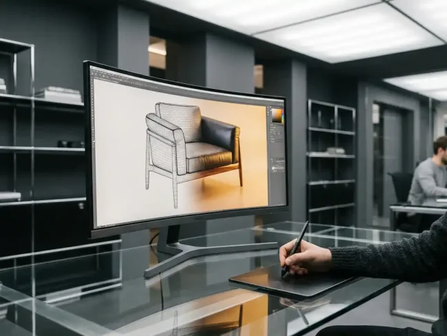 Computer workstation with large monitor displaying 3D chair model transitioning from wireframe to photorealistic rendering on glass desk