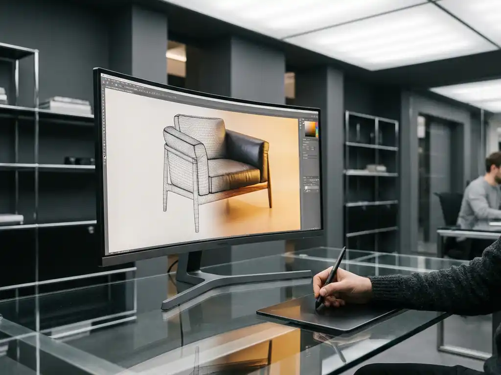 Computer workstation with large monitor displaying 3D chair model transitioning from wireframe to photorealistic rendering on glass desk