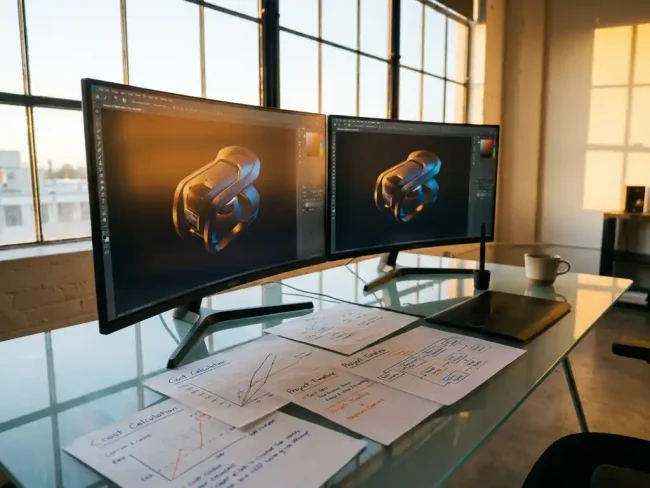 3D workstation with rotating product model on dual monitors, cost calculation sheets and timelines on glass desk, designer's stylus and coffee cup in warm golden hour lighting.