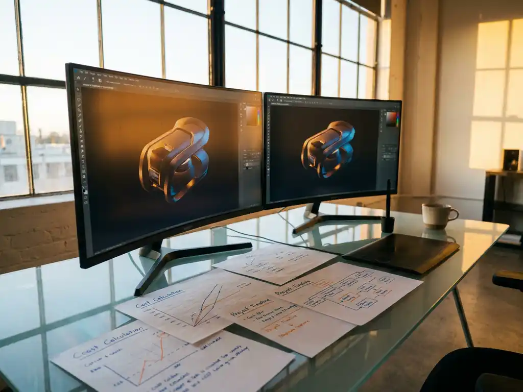 3D workstation with rotating product model on dual monitors, cost calculation sheets and timelines on glass desk, designer's stylus and coffee cup in warm golden hour lighting.