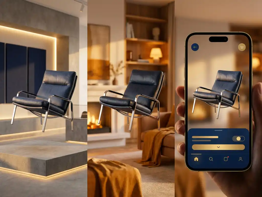 Modern leather chair with chrome legs floating between showroom, living room, and mobile screen environments in warm golden lighting