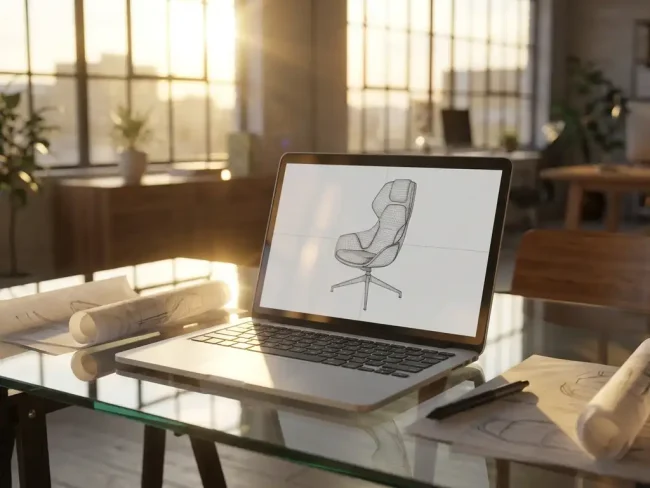 Laptop displaying 3D product model on glass desk with design sketches and stylus in golden hour lighting