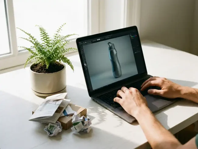 Laptop displaying 3D product model on white desk with hands typing, green plant and discarded printed materials nearby