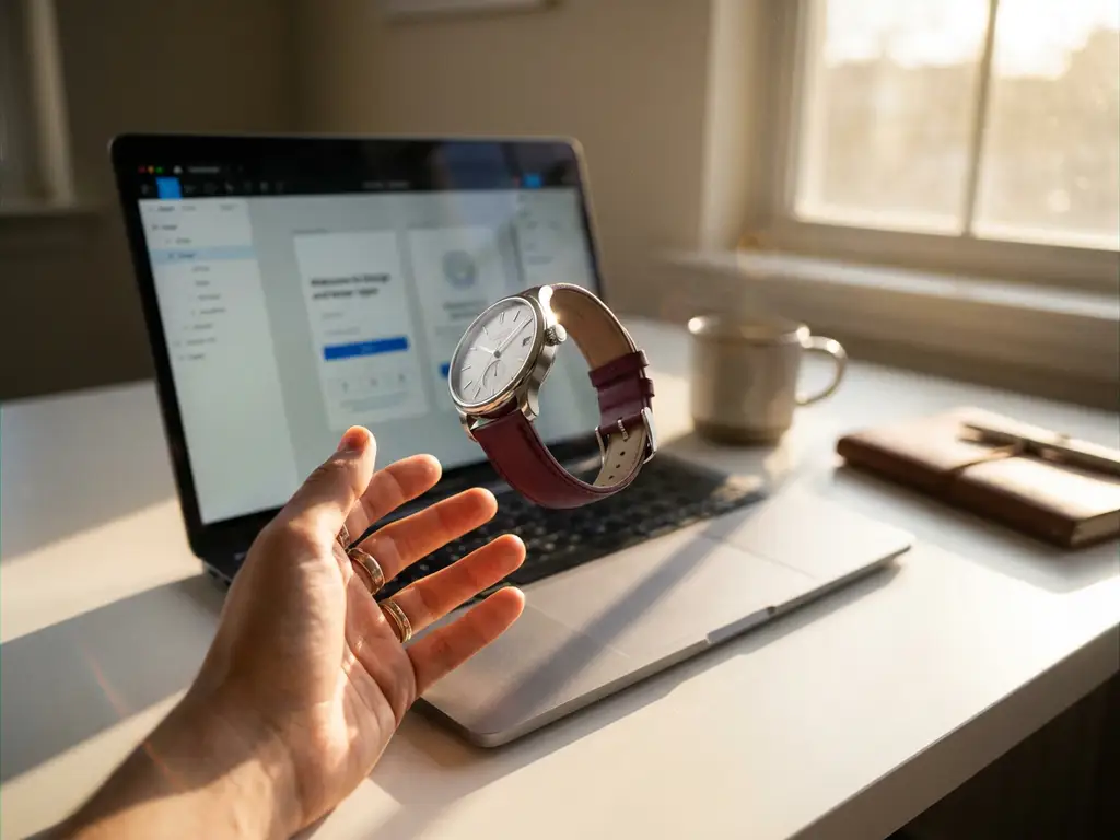 Hand reaching toward 3D rendered luxury watch with burgundy leather strap floating above laptop screen in golden hour lighting