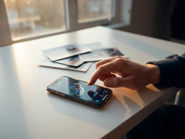Hand reaching for smartphone displaying 3D sneaker model while printed product photos sit unused on white desk