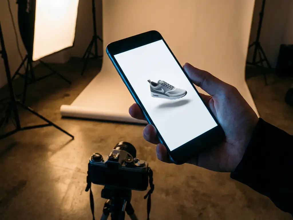 Smartphone displaying 3D rendered sneaker floating above unused photography studio equipment with softbox lights and tripod