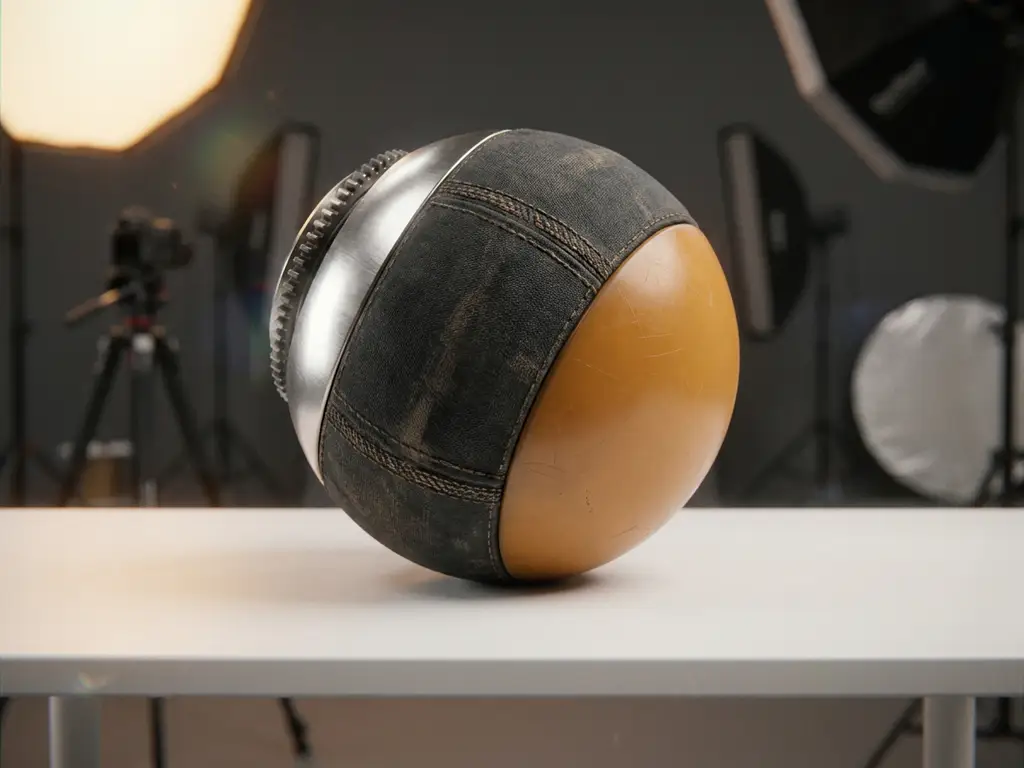 3D rendered sphere with realistic metal, fabric, and plastic surface textures on white studio table with professional lighting