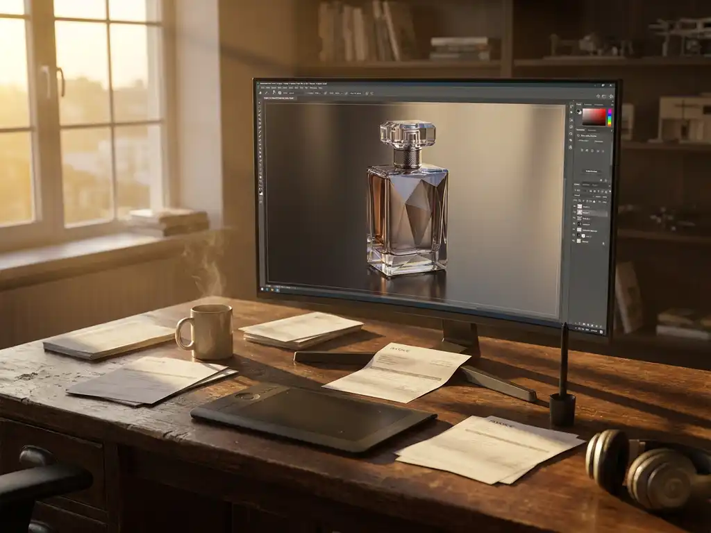 Professional 3D artist's workspace featuring high-end computer with photorealistic product render, invoices on wooden desk, graphics tablet, and warm golden hour lighting through windows.