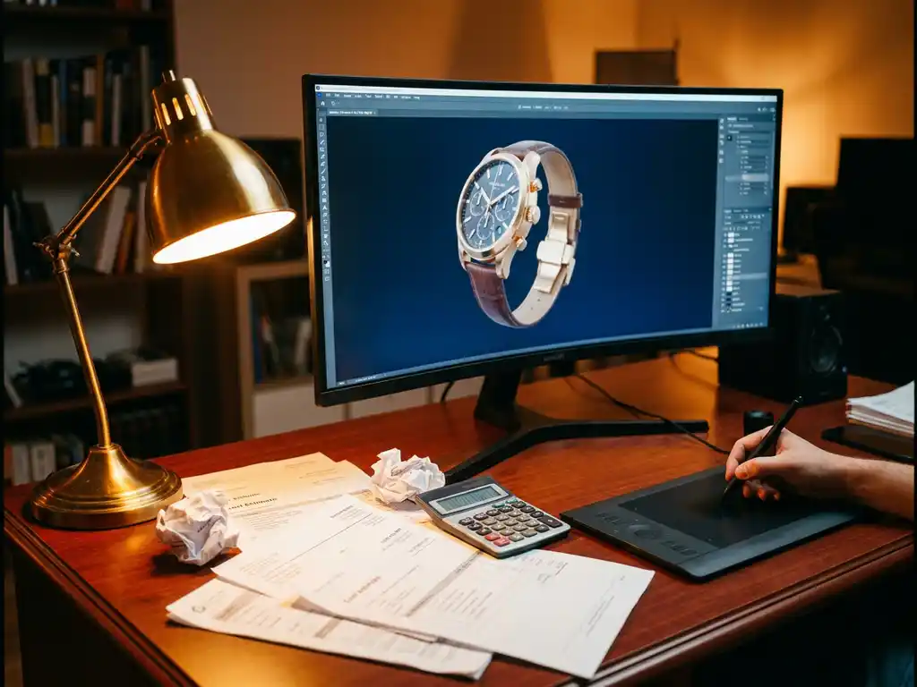 Professional 3D artist workstation with luxury watch render on computer screen, invoices and calculator on wooden desk under warm lamp lighting