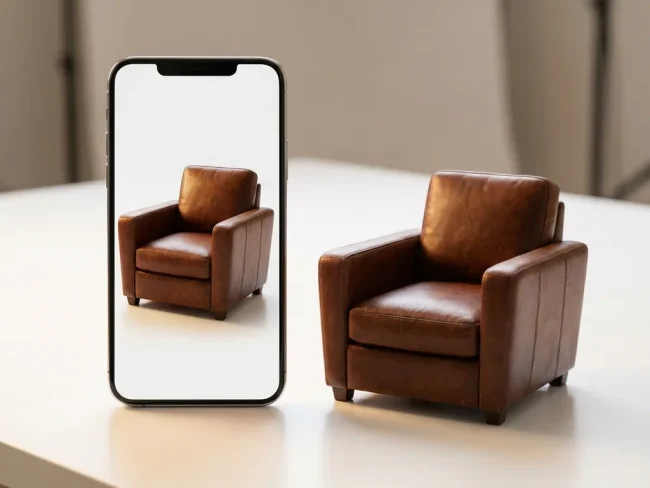 Smartphone displaying 3D rendered brown leather chair next to matching physical leather sample on white desk with studio lighting