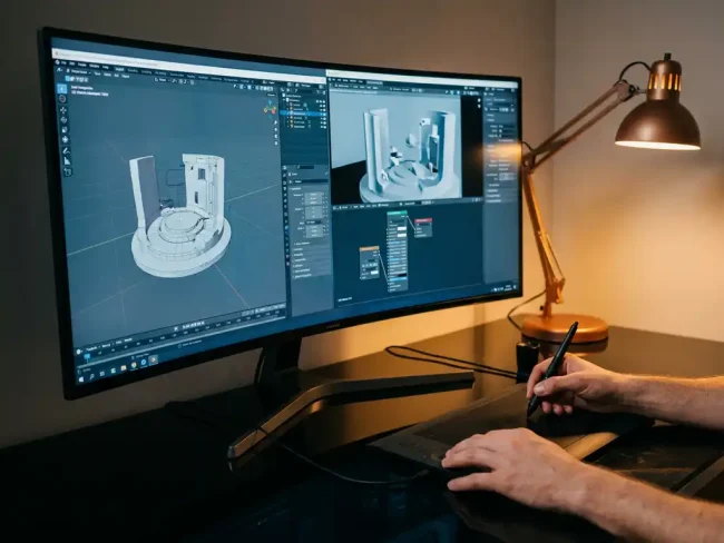 Professional CGI artist workstation with dual 3D rendering software on 4K monitor, graphics tablet and stylus under warm desk lighting