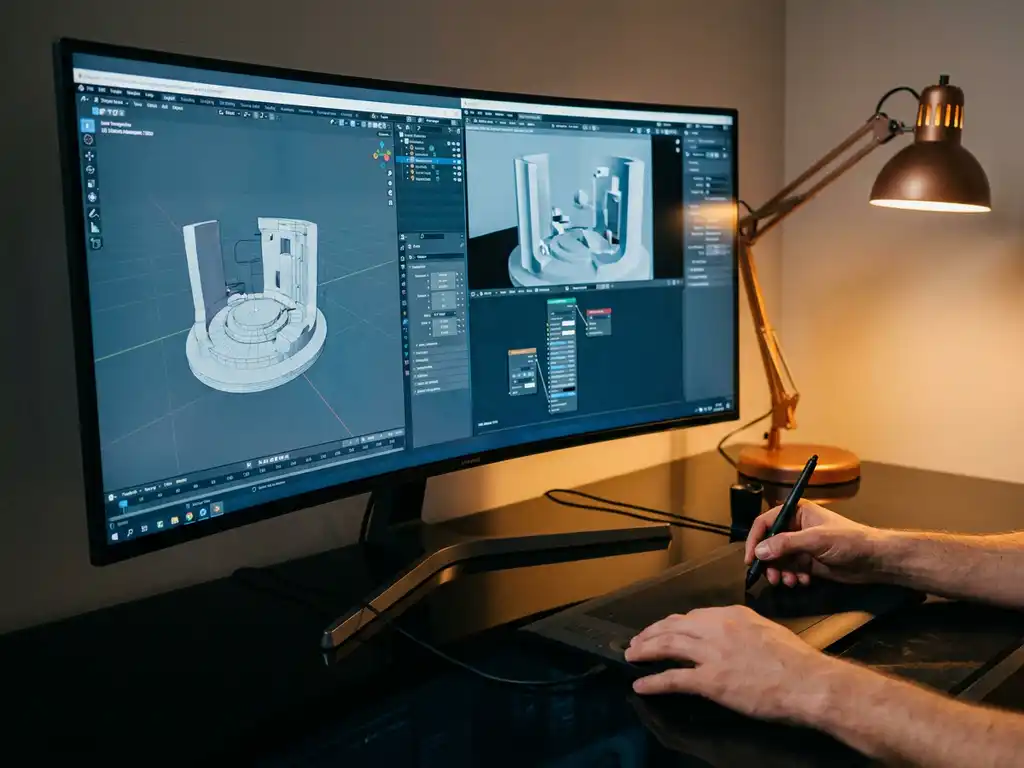 Professional CGI artist workstation with dual 3D rendering software on 4K monitor, graphics tablet and stylus under warm desk lighting