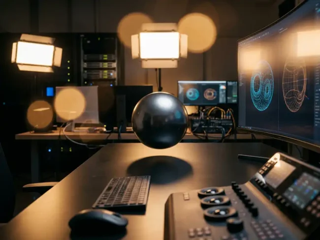 3D rendered sphere floating above modern workstation with monitor displaying wireframe models, professional lighting and realistic shadows