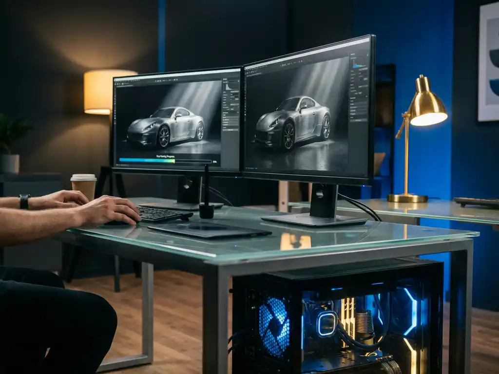 Professional 3D rendering workstation with dual monitors showing photorealistic product model with ray-traced reflections and volumetric lighting in progress
