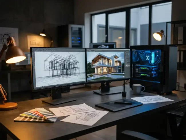 High-end graphics workstation with dual monitors showing 3D wireframe models and photorealistic renders, glowing blue GPU cards visible through transparent case panel