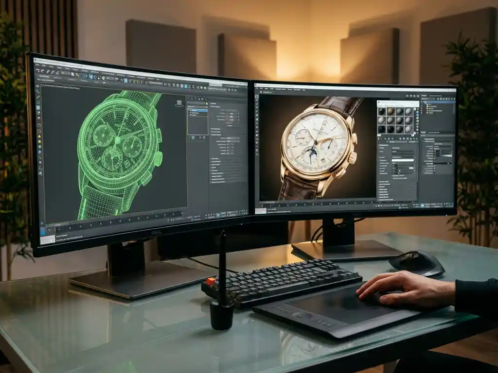 Dual monitors displaying 3D luxury watch rendering software from wireframe to photorealistic model on modern glass workstation