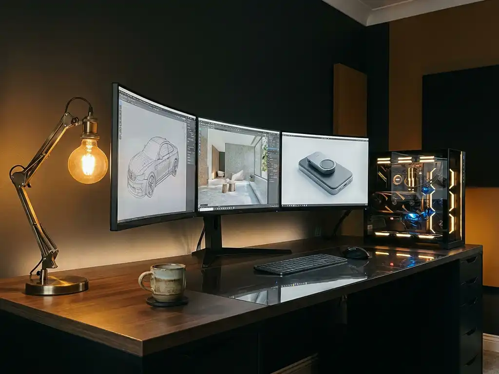 Professional 3D rendering workstation with multiple monitors displaying product visualizations, transparent PC case showing graphics cards, and warm desk lamp lighting