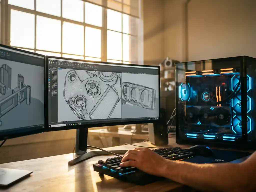 Professional workstation with multiple monitors showing 3D product models, transparent PC case with illuminated graphics cards, golden sunlight streaming through studio window