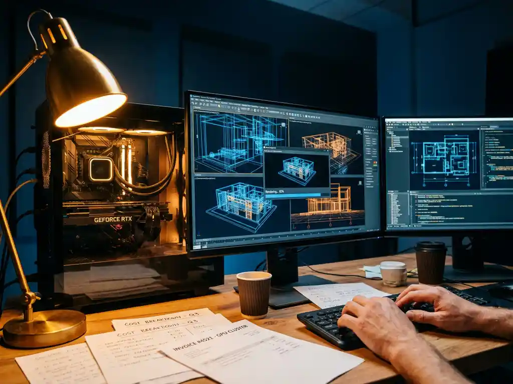 Professional 3D rendering workstation with multiple monitors showing wireframe models, visible graphics cards in transparent PC case, invoices scattered on desk under warm lamp lighting