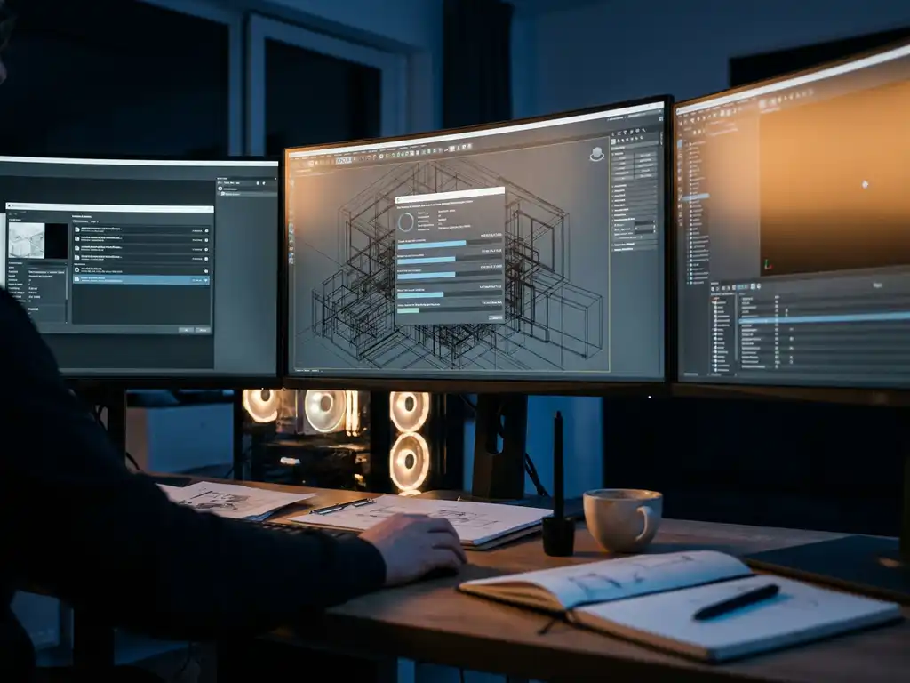 Multi-monitor workstation rendering complex 3D scene with progress bars, spinning cooling fans, and amber screen glow in darkened studio
