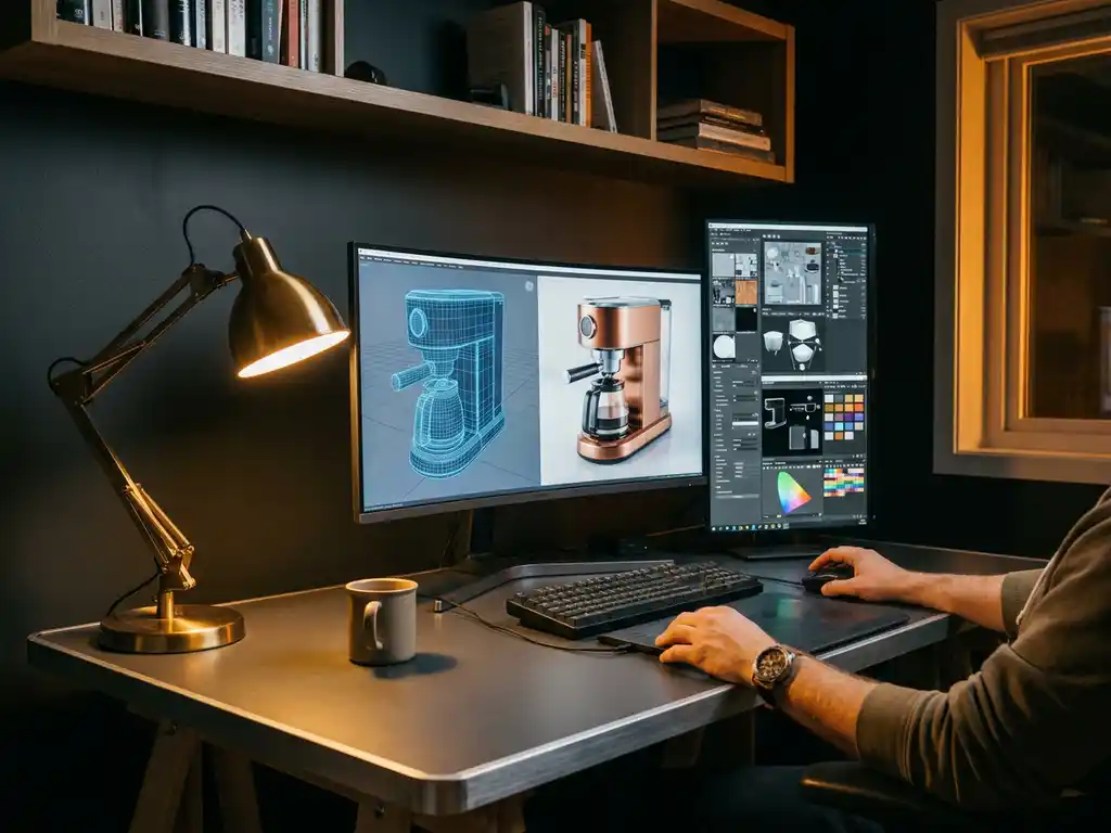 Professional 3D artist workstation with high-end computer displaying wireframe model transforming to photorealistic render on multiple monitors