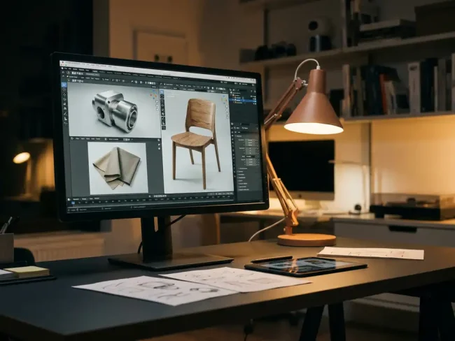 Professional 3D modeling workstation with rendered objects featuring metal, wood, and fabric textures on monitor, warm desk lamp illuminating reference sketches on clean workspace.