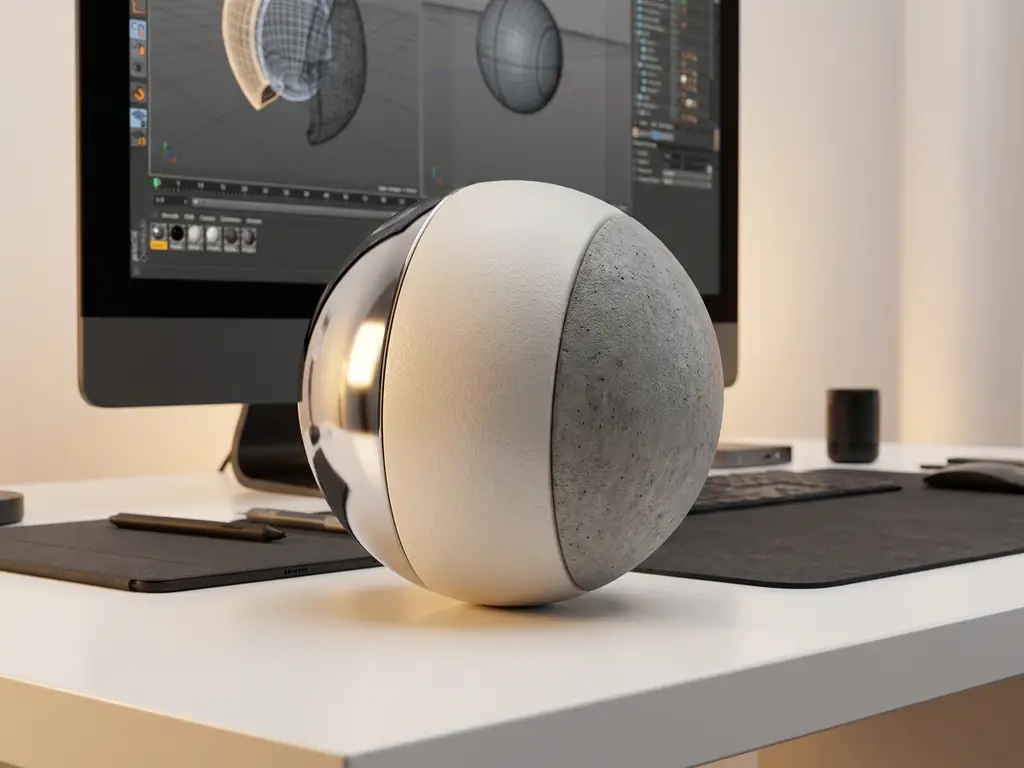 3D rendered sphere displaying chrome, ceramic, and concrete surface materials on white workstation with modeling software visible on monitor