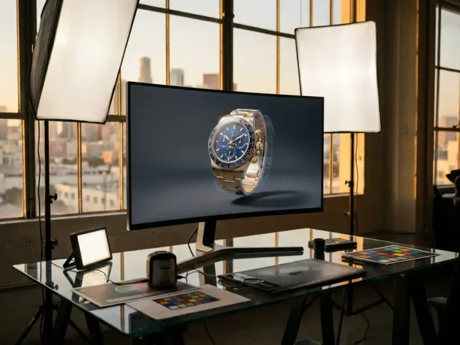 3D rendered luxury watch floating above computer monitor on glass desk with professional lighting equipment and warm golden hour illumination