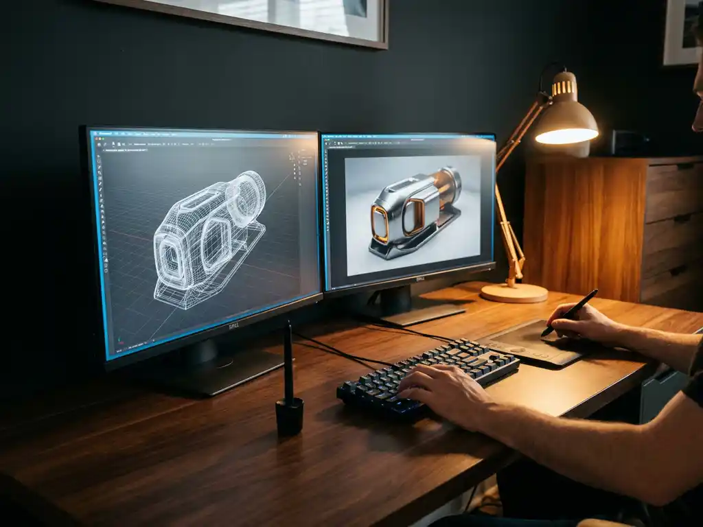 Modern graphics workstation with dual monitors showing wireframe 3D modeling on left screen and AI-generated photorealistic render on right, mechanical keyboard and stylus on wooden desk under warm amber lighting.