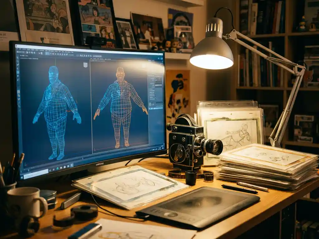 Professional animator workstation with computer displaying 3D wireframe models, vintage film camera, and stacks of celluloid frames under warm desk lamp lighting