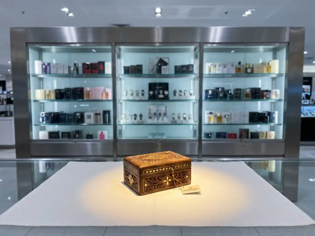 Handcrafted mahogany jewelry box with carved details under warm spotlight beside blurred luxury department store display case