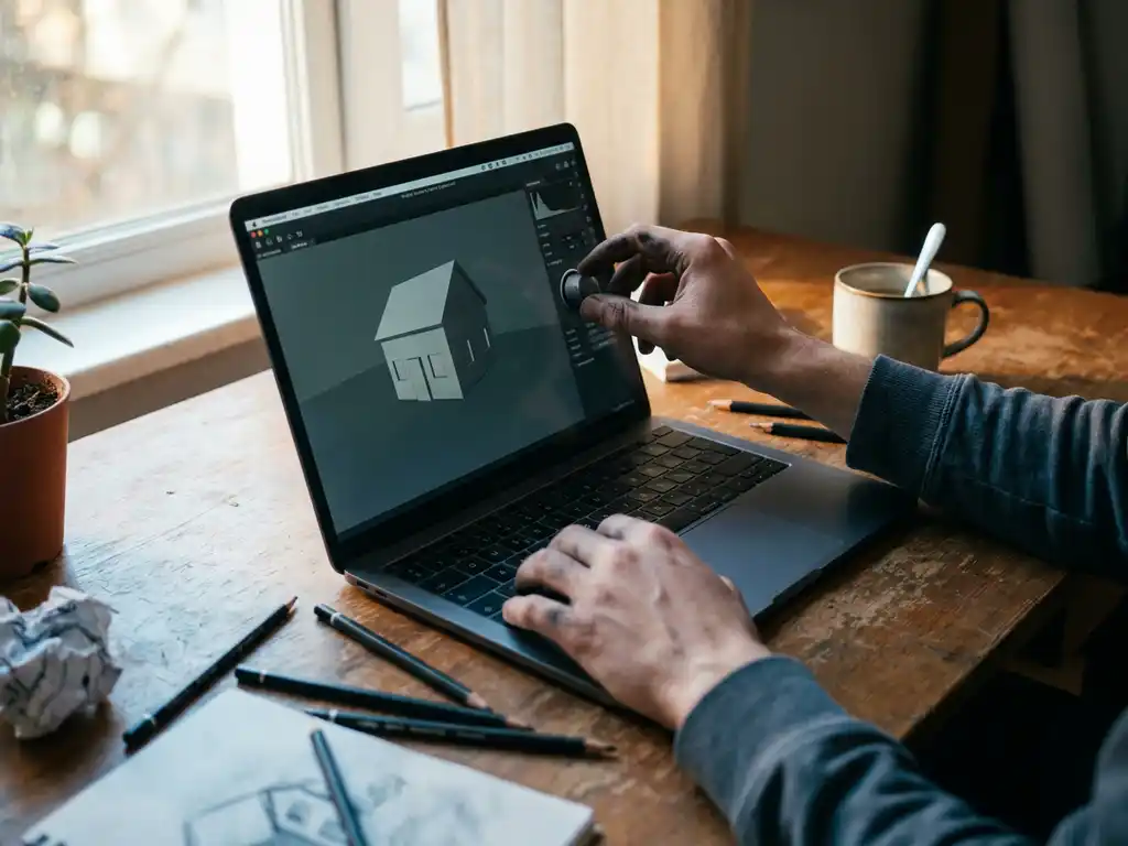 Hands adjusting laptop settings displaying 3D rendered object on wooden desk with sketching pencils and coffee cup in natural light
