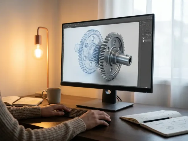 Hands operating computer mouse while 3D mechanical part rotates on monitor with wireframe overlays in modern engineering workspace