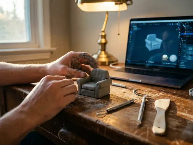 Hands sculpting a detailed miniature chair from gray clay on wooden workspace with sculpting tools and laptop displaying 3D software