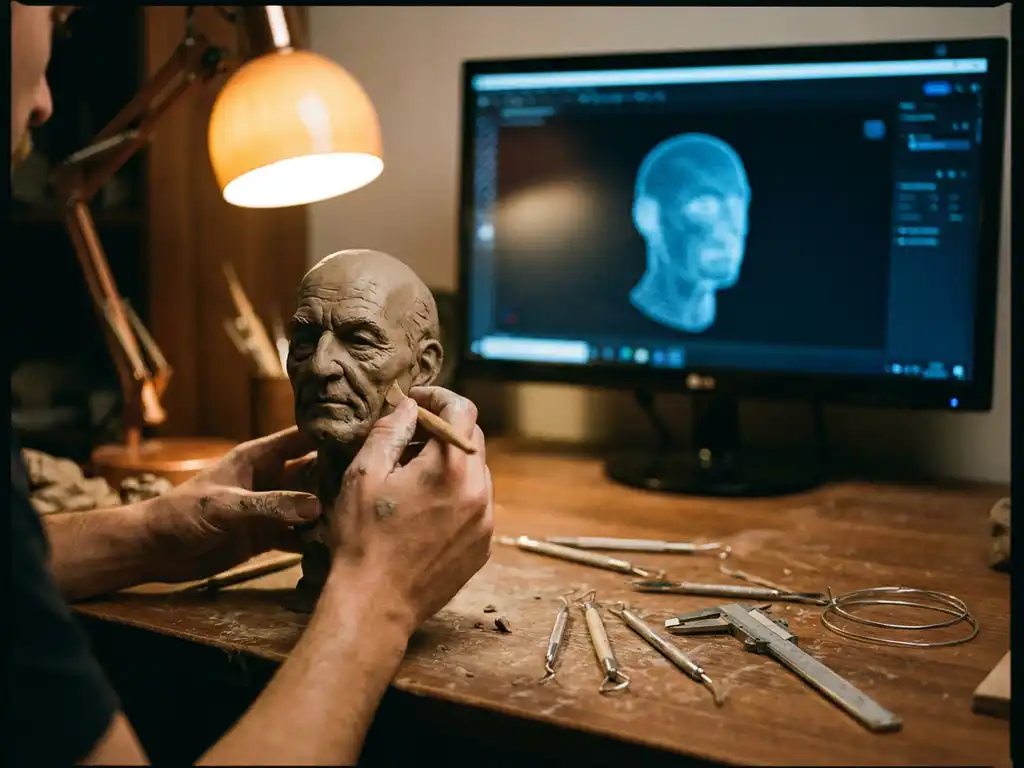 Artist's hand sculpting detailed clay figure on wooden workbench with sculpting tools and 3D modeling software on monitor in background