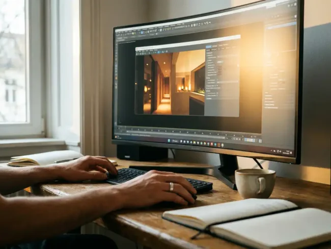 Hands adjusting Corona Render settings on computer monitor displaying photorealistic 3D scene in modern workspace with coffee cup