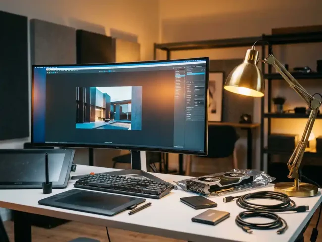 Professional 3D artist workstation featuring Corona Renderer software on monitor with rendering hardware components and graphics tablet under warm desk lighting