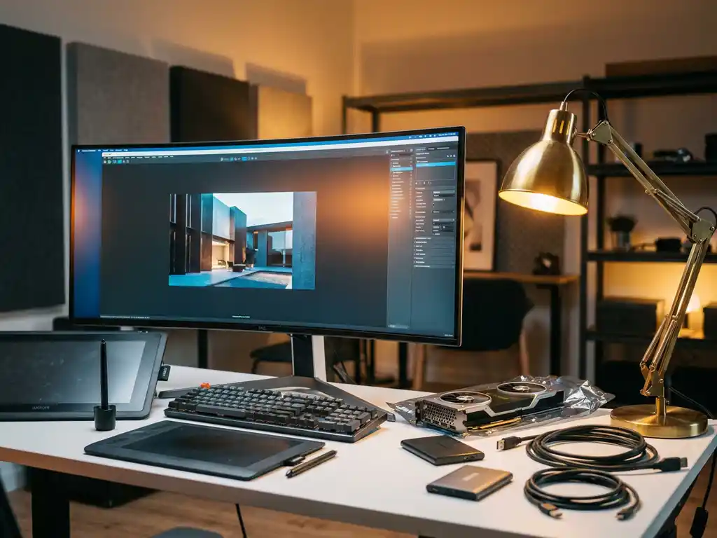 Professional 3D artist workstation featuring Corona Renderer software on monitor with rendering hardware components and graphics tablet under warm desk lighting