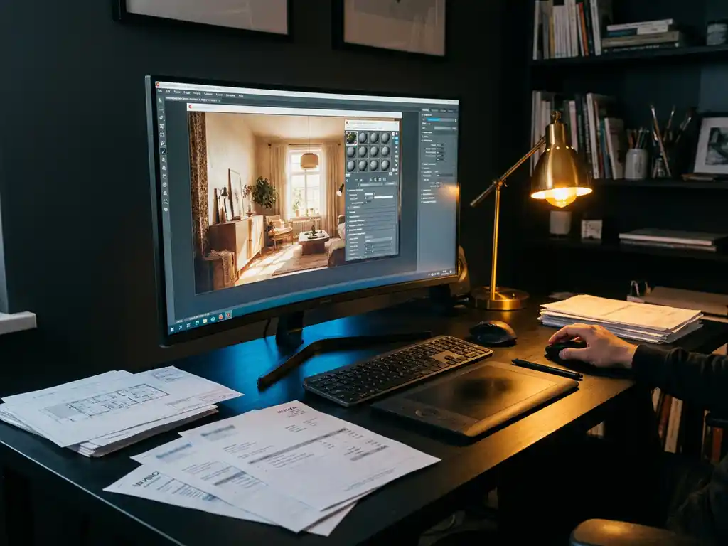 Professional 3D artist workstation with high-end monitor displaying Corona Renderer interface and photorealistic scene, pricing documents on black desk under golden lamp lighting.