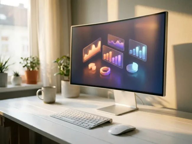 Computer monitor displaying colorful 3D data charts and graphs with wireless mouse and keyboard on white desk in natural light