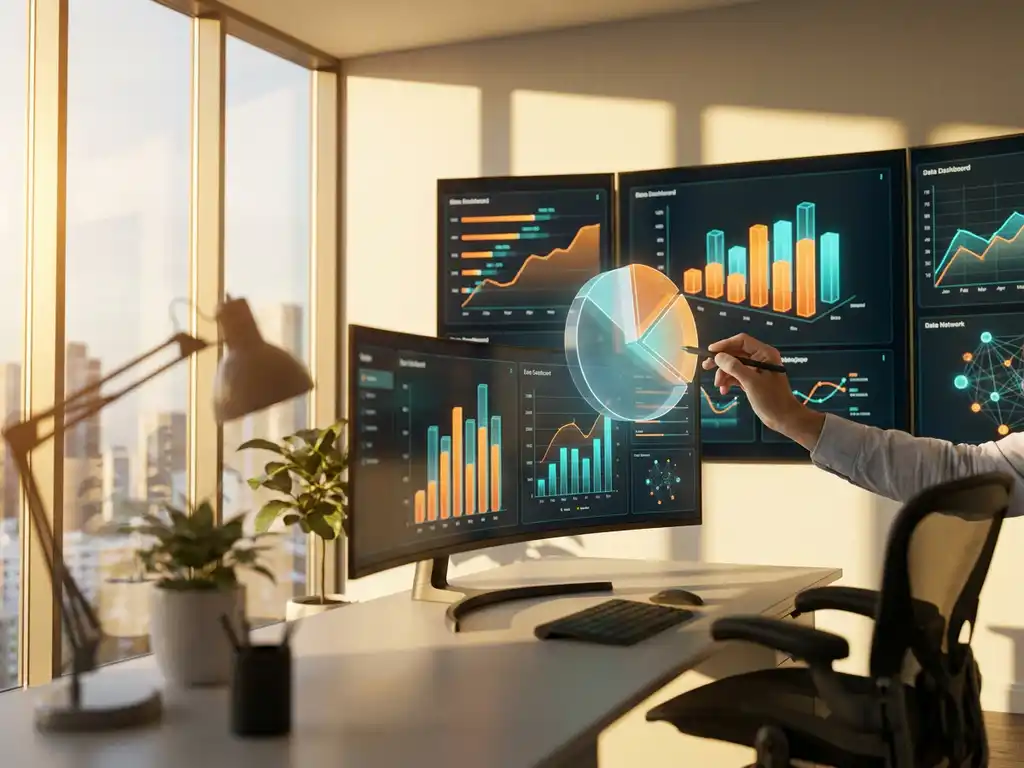 Modern workstation with multiple monitors showing colorful data visualization dashboards and holographic 3D charts, designer's hand reaching toward interactive pie chart in golden hour lighting.