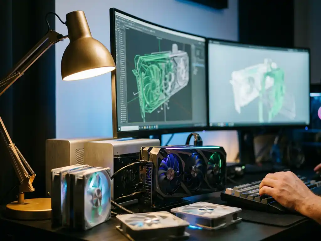 Professional graphics card with RGB lighting on desk beside dual curved monitors displaying 3D wireframes and external GPU units