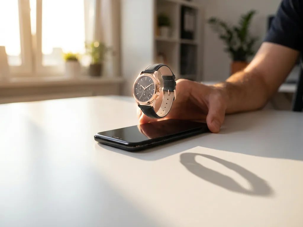 Smartphone displaying holographic 3D luxury watch floating above screen on white desk with golden hour lighting