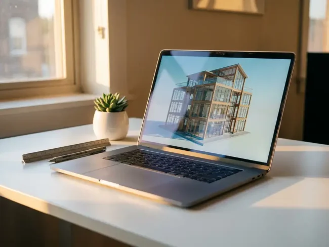 Modern laptop displaying 3D architectural building model on white desk with drafting tools and succulent plant in golden hour lighting