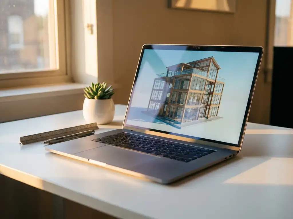 Modern laptop displaying 3D architectural building model on white desk with drafting tools and succulent plant in golden hour lighting