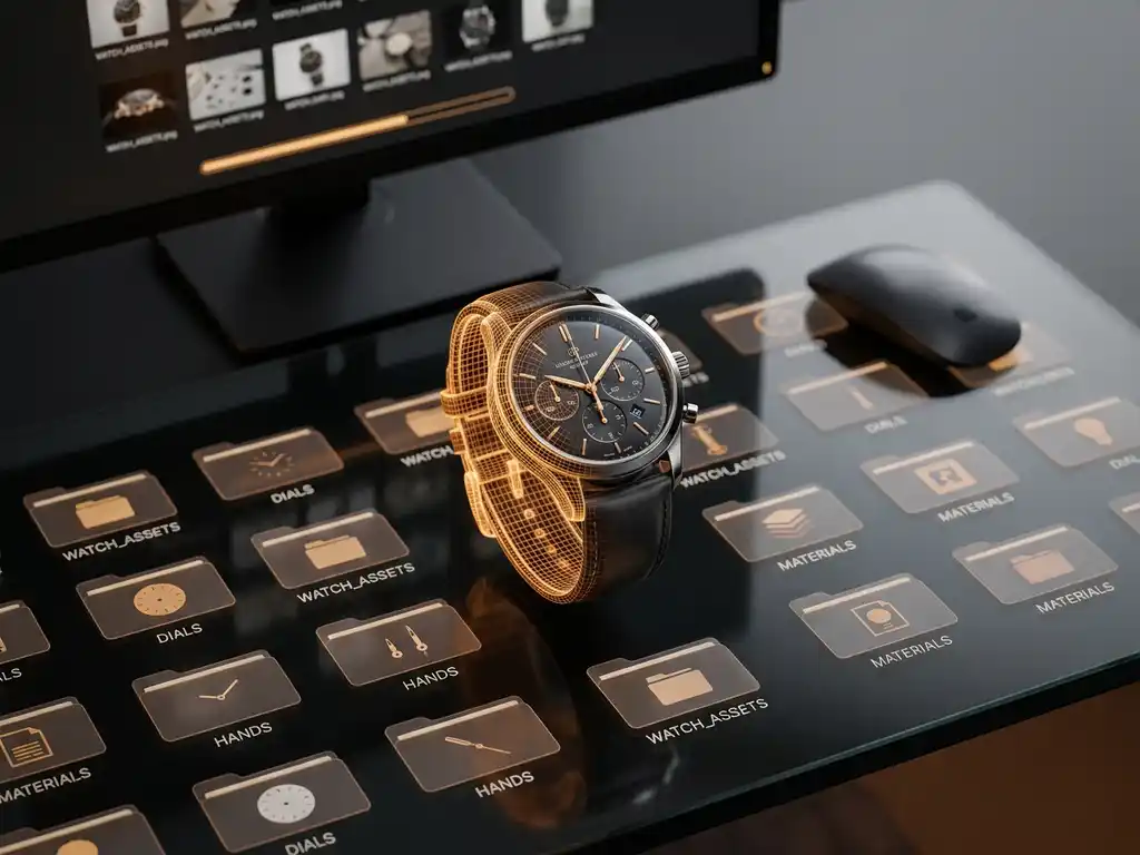 Luxury 3D rendered watch floating above organized digital asset folders on glass desk with wireless mouse and monitor displaying thumbnails